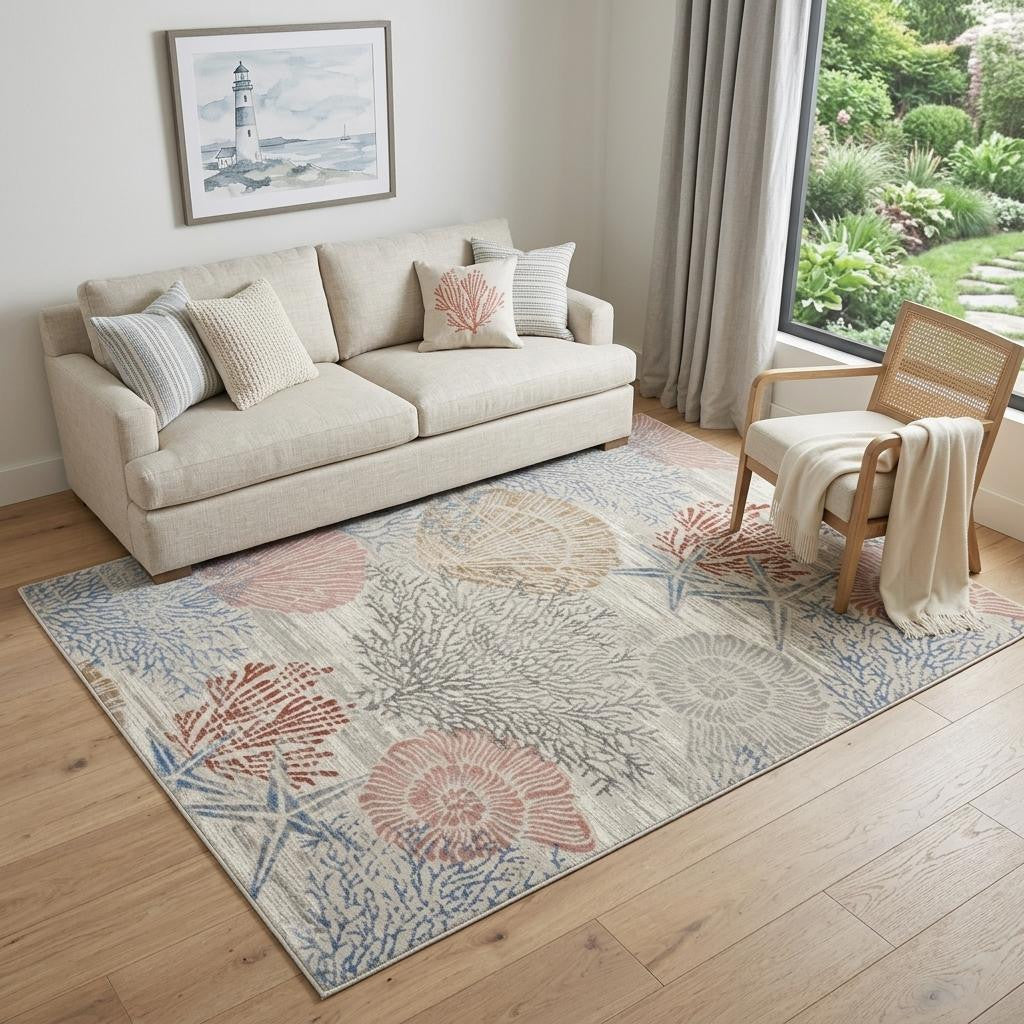 5 X 7 Blue Blush And Gray Seashell and Coral Area Rug