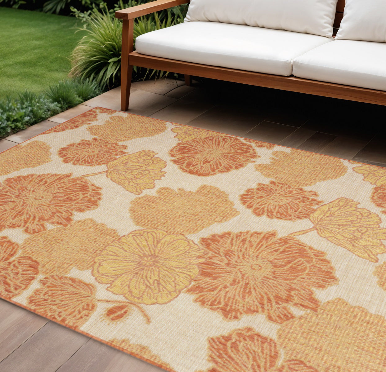 8 X 10 Coral And Beige Floral Indoor Outdoor Area Rug