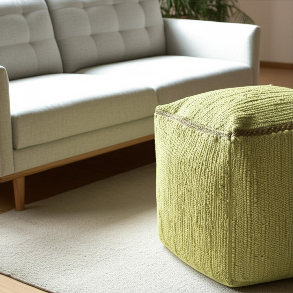 18'' Citron and Natural Cotton And Jute Cube Pouf Ottoman