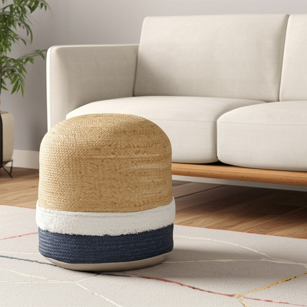 18'' Natural And Navy Blue Jute Blend Cylinder Striped Pouf Ottoman