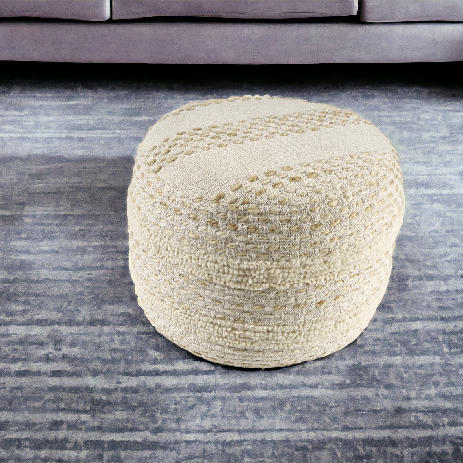 18 Natural and Ivory Cotton Blend Round Striped Pouf Ottoman