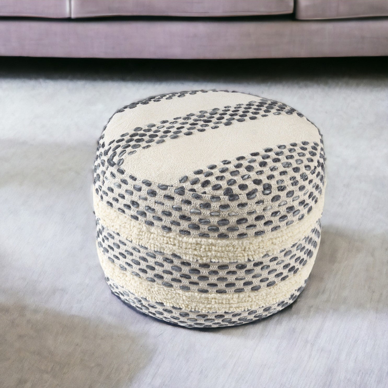 18 Ivory and Blue Cotton Blend Round Striped Pouf Ottoman