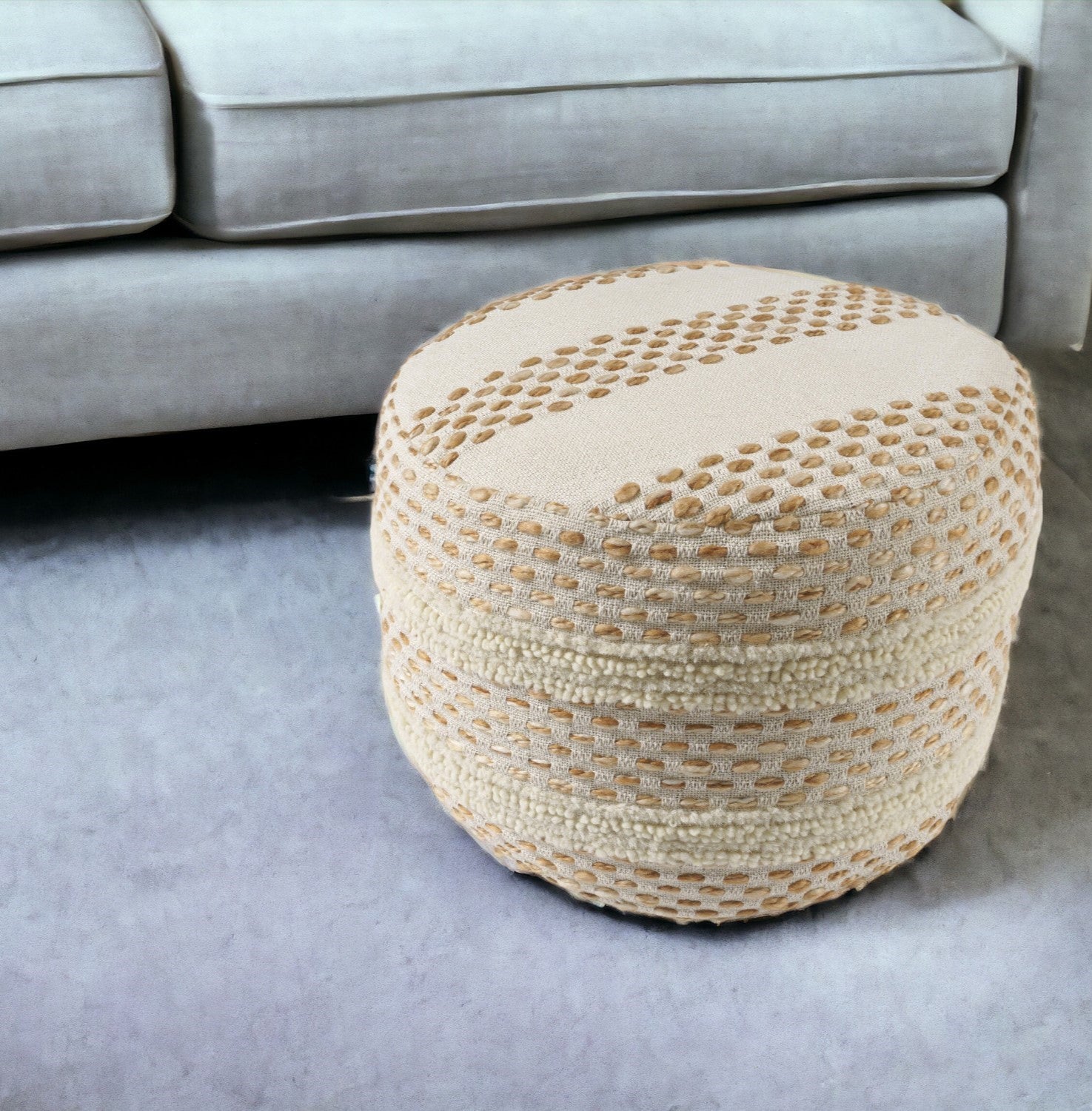 18 Ivory and Brown Cotton Blend Round Striped Pouf Ottoman