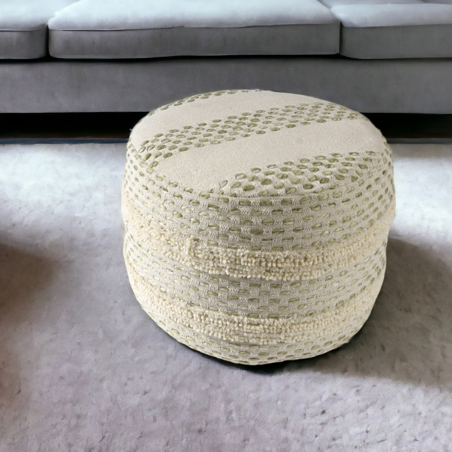 18 Ivory and Green Cotton Blend Round Striped Pouf Ottoman