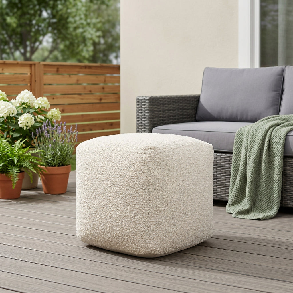 18 Beige Polyester Cube Outdoor Pouf Ottoman