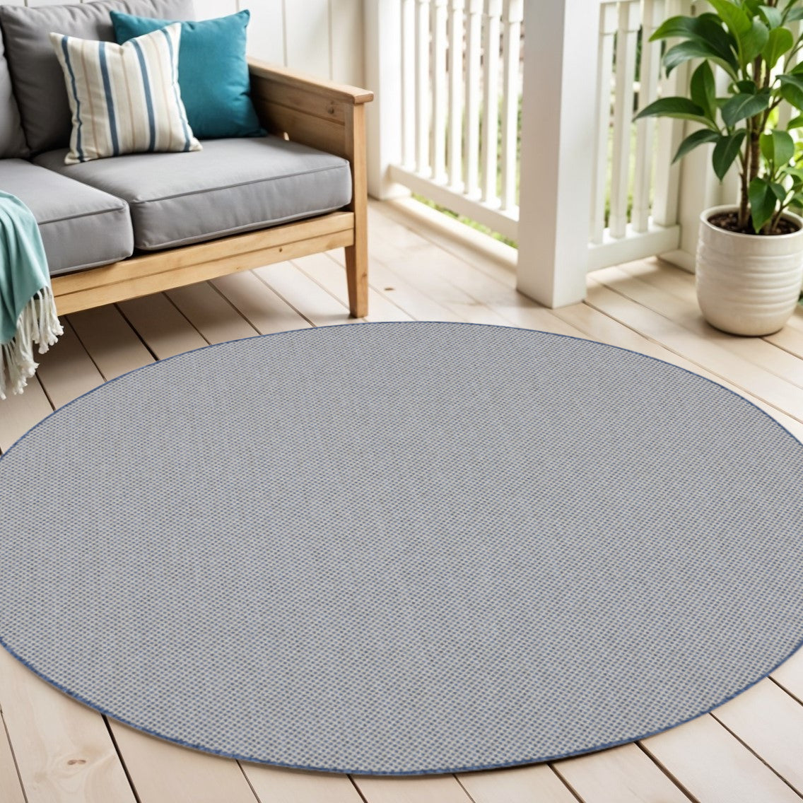 6 Ivory And Blue Round Geometric Indoor Outdoor Area Rug