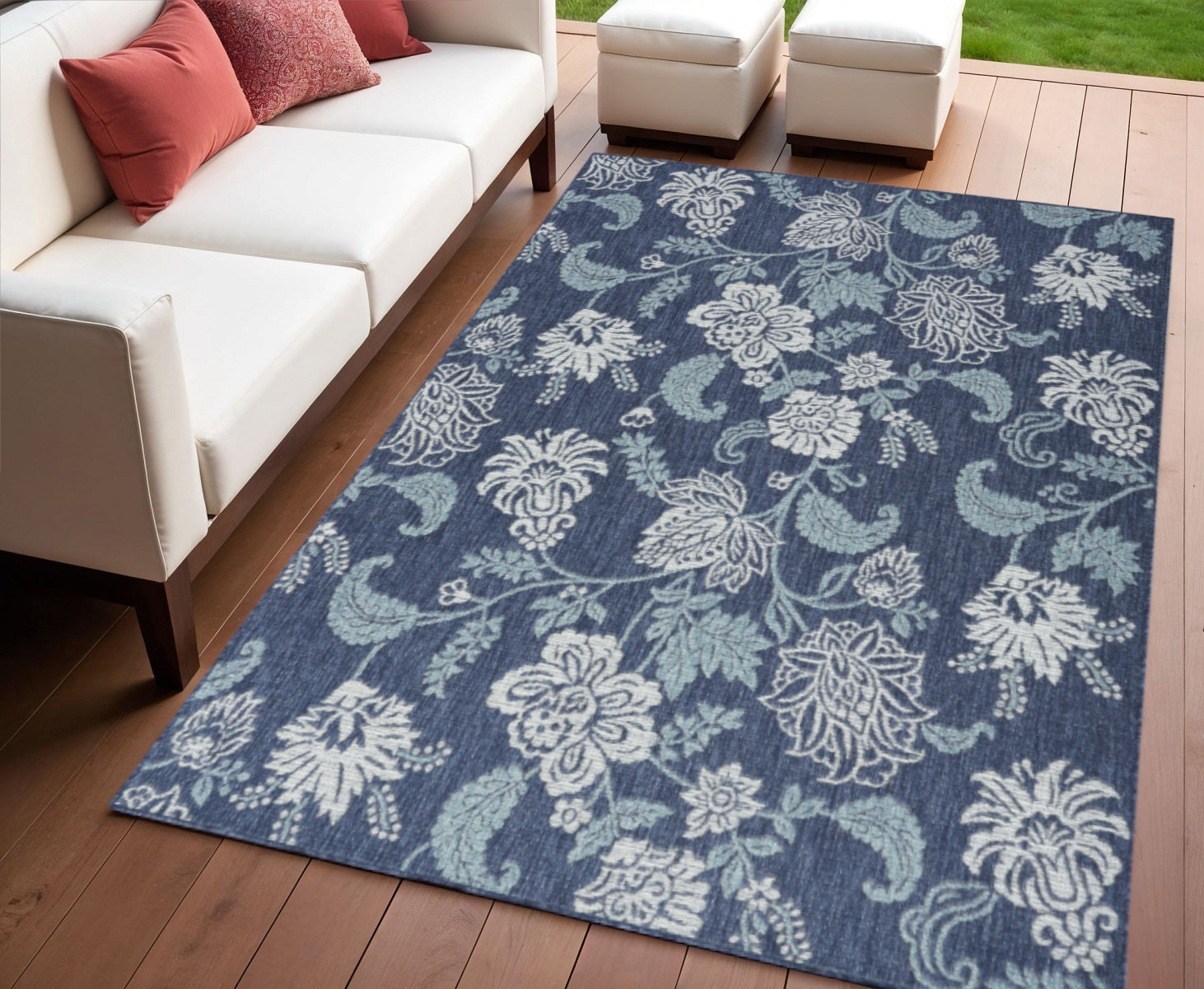 4 X 6 Navy Blue Sky Blue And Ivory Floral Indoor Outdoor Area Rug
