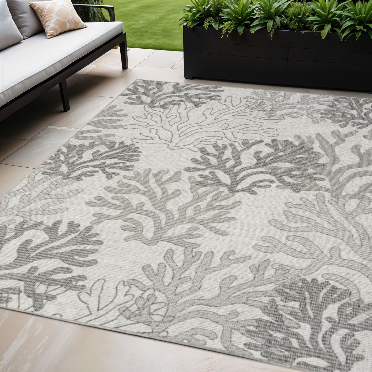 5 X 7 Gray Black And Ivory Nautical Indoor Outdoor Area Rug