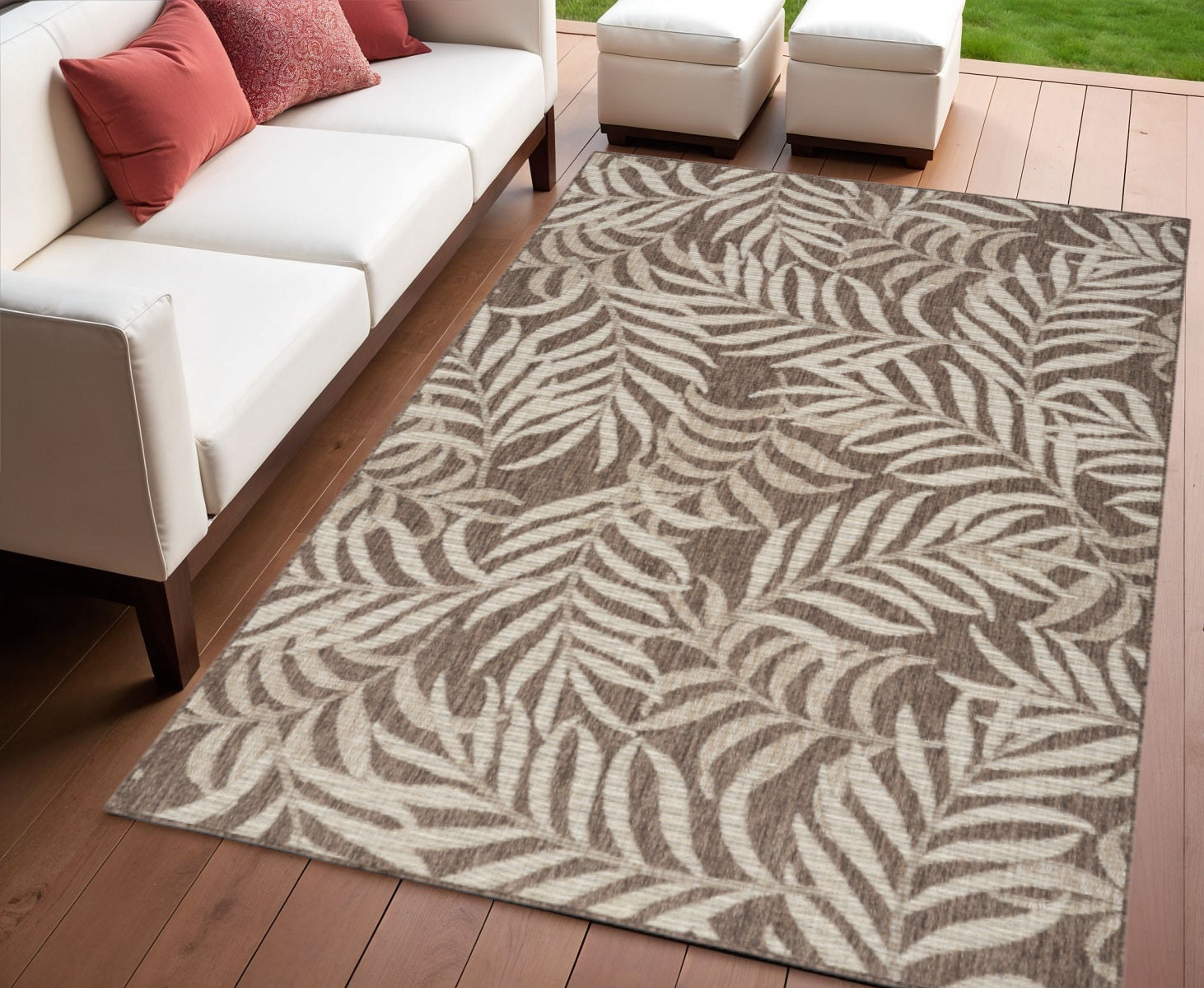 4 X 6 Brown And Ivory Palm Leaf Indoor Outdoor Area Rug