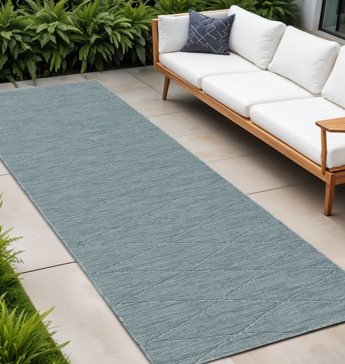 8 Aqua And Ivory Geometric Indoor Outdoor Runner Rug
