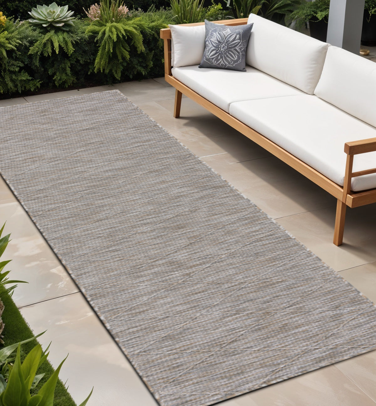 8 Gray And Light Gray Geometric Indoor Outdoor Runner Rug