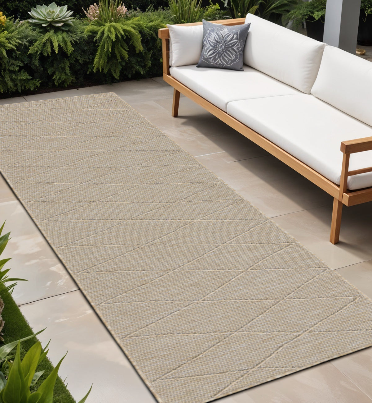 8 Natural And Light Brown Geometric Indoor Outdoor Runner Rug