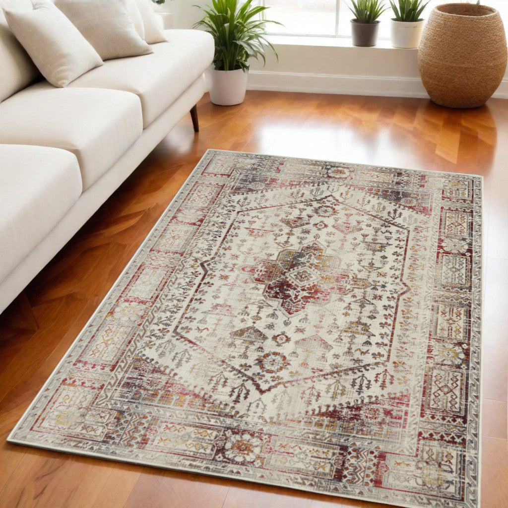 5' X 8' Ivory Red And Orange Floral Distressed Area Rug