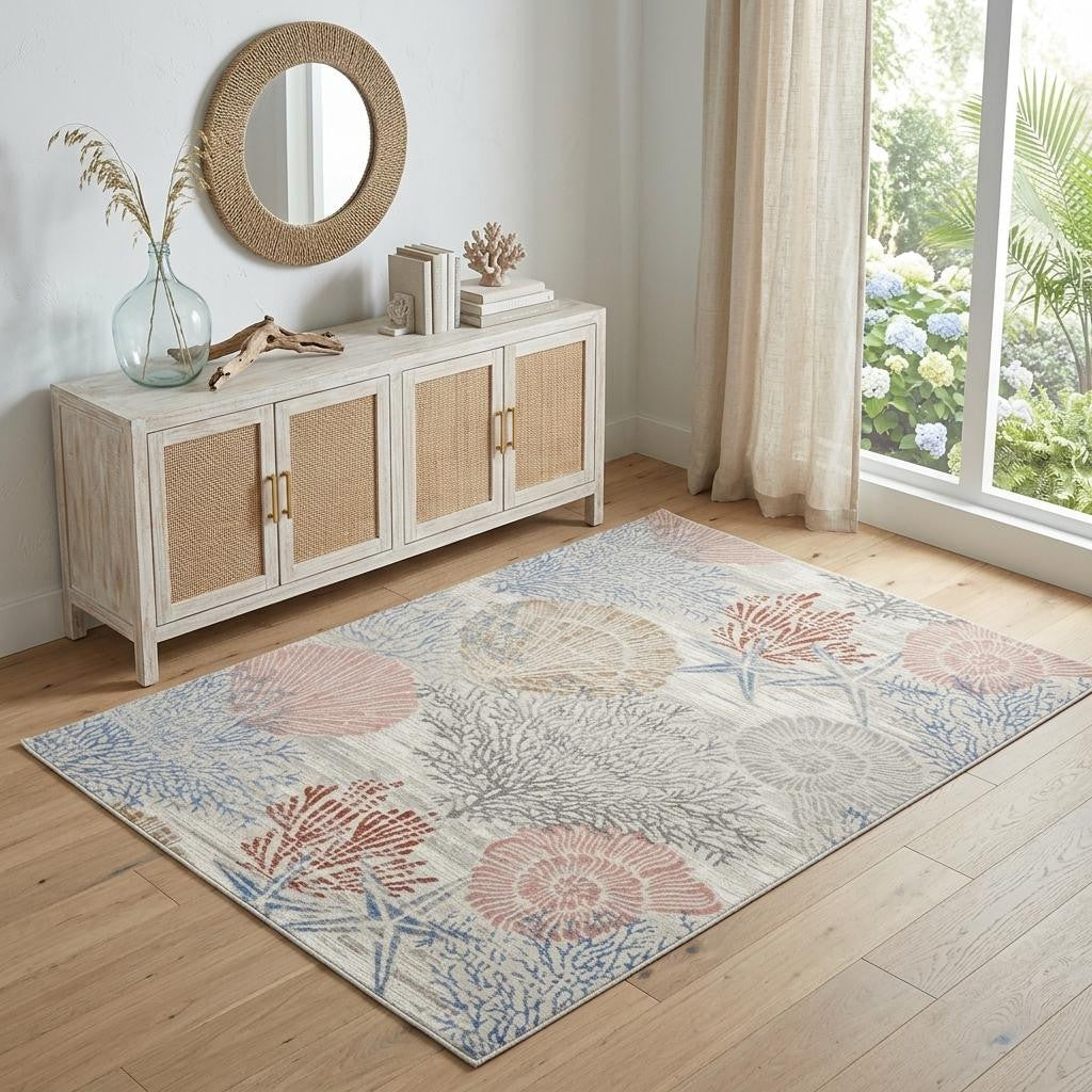 4 X 6 Blue Blush And Gray Seashell and Coral Area Rug