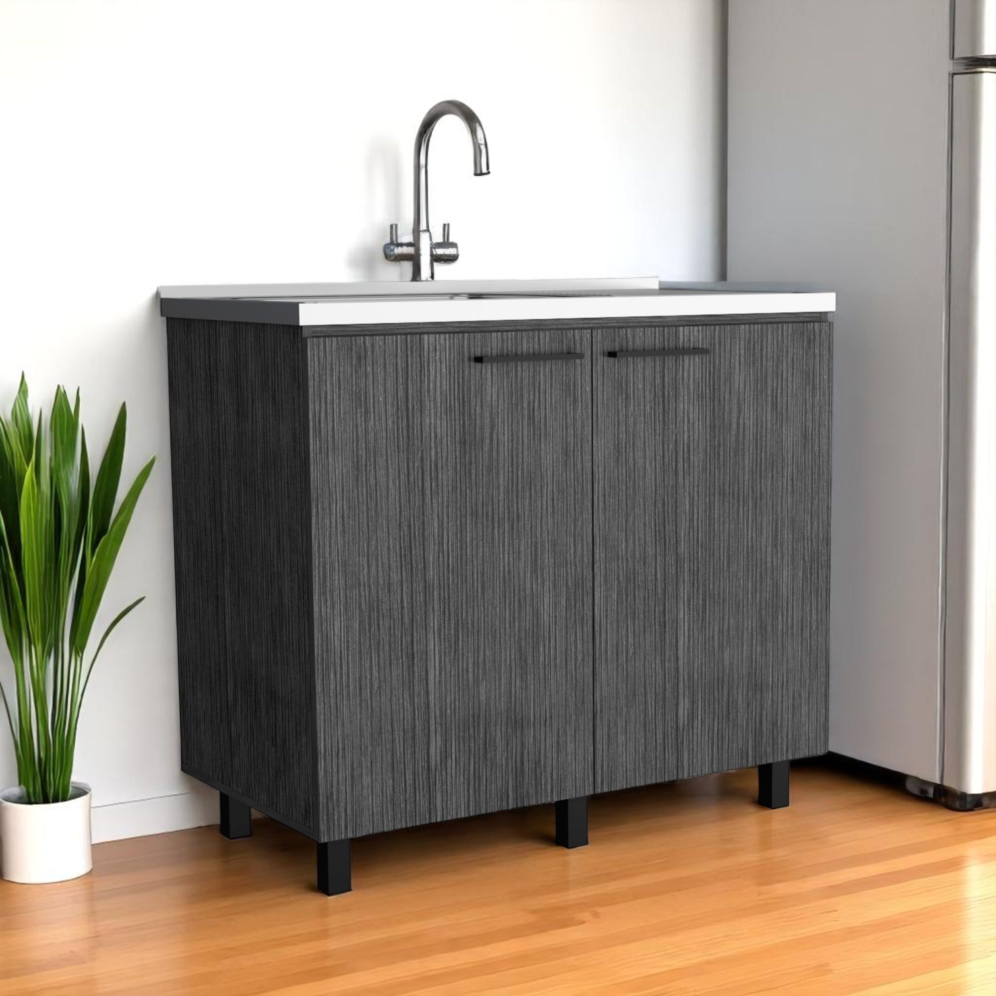 35 X 39 Gray And Silver Stainless Steel and Wood Utility Cabinet With Sink