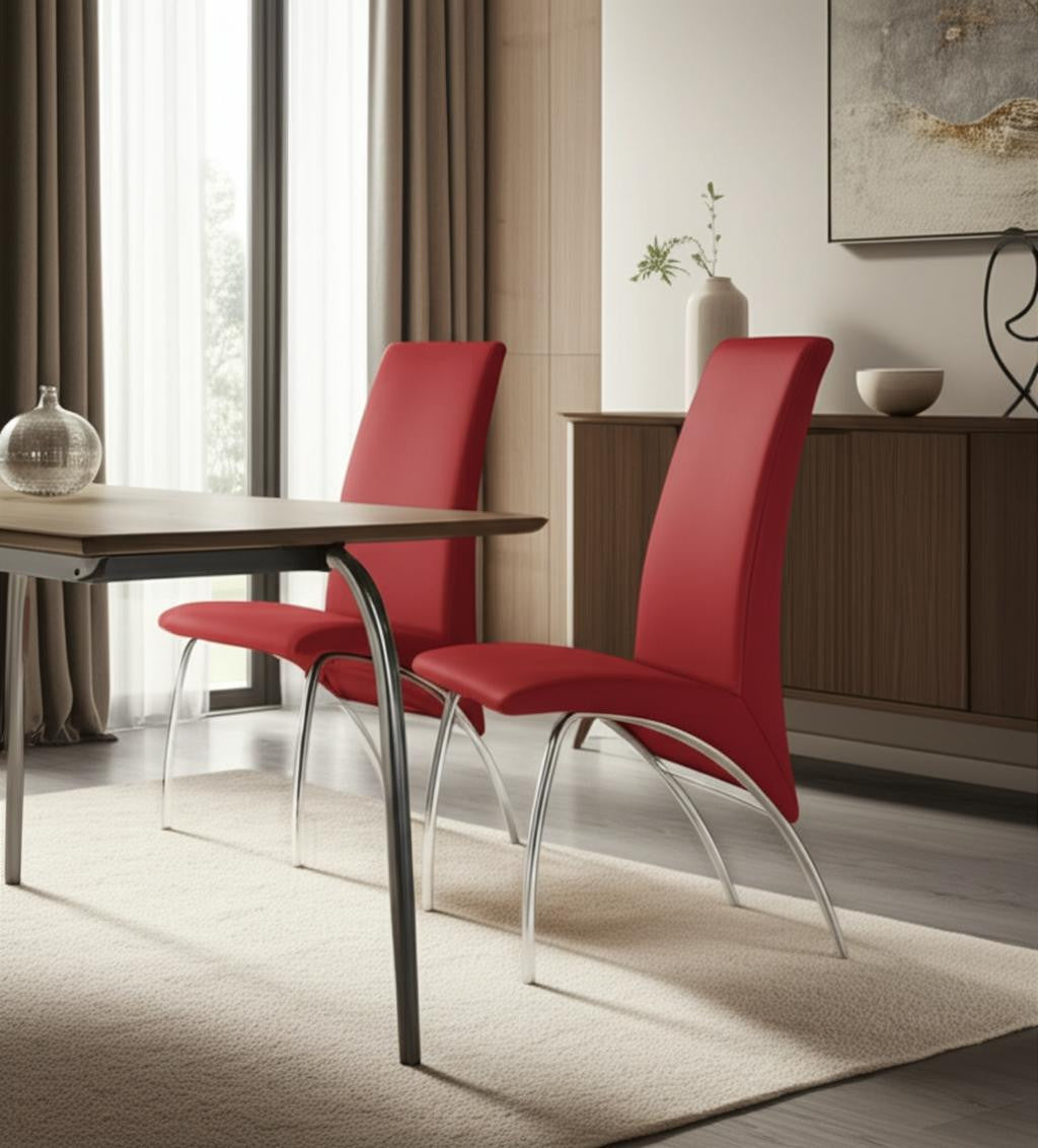Set of Two Red and Silver Upholstered Faux Leather Dining Side Chairs