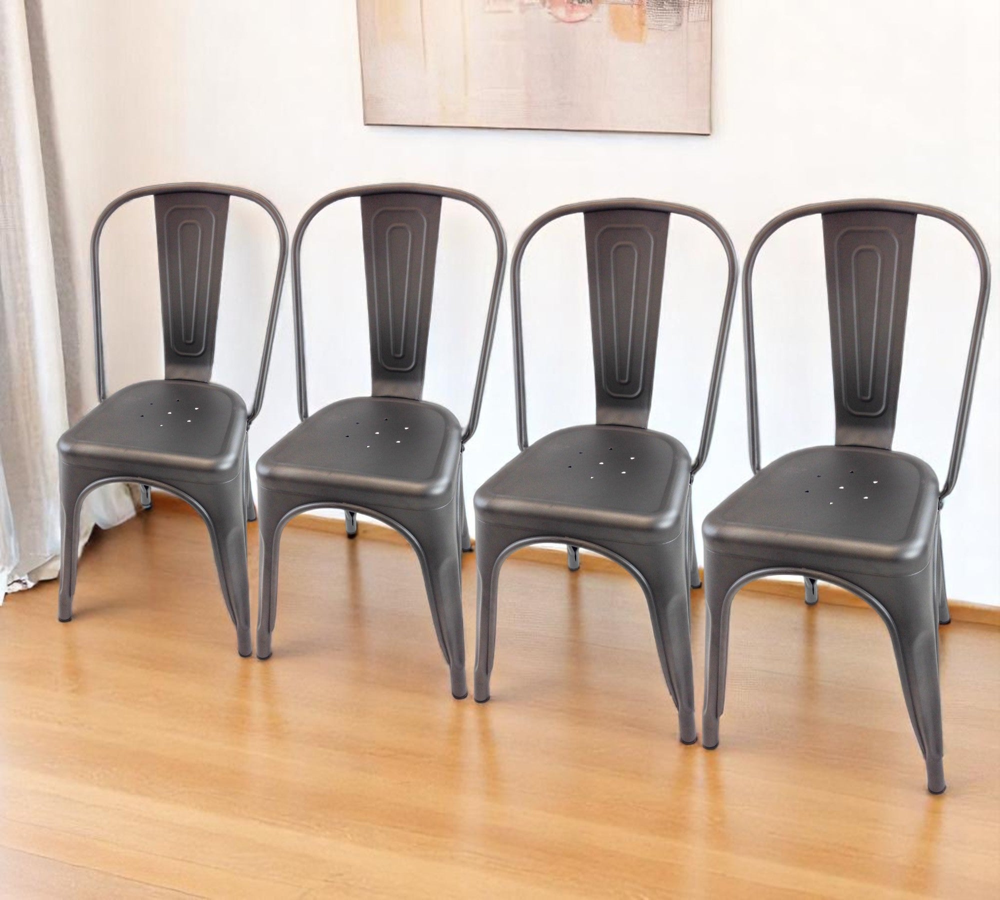 Set of Four Gray Metal Dining Side Chairs