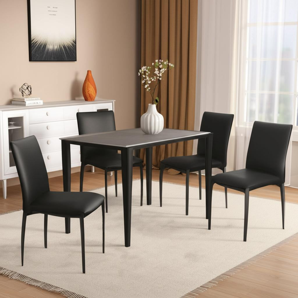 Set of Four Black Upholstered Faux Leather Dining Side Chairs