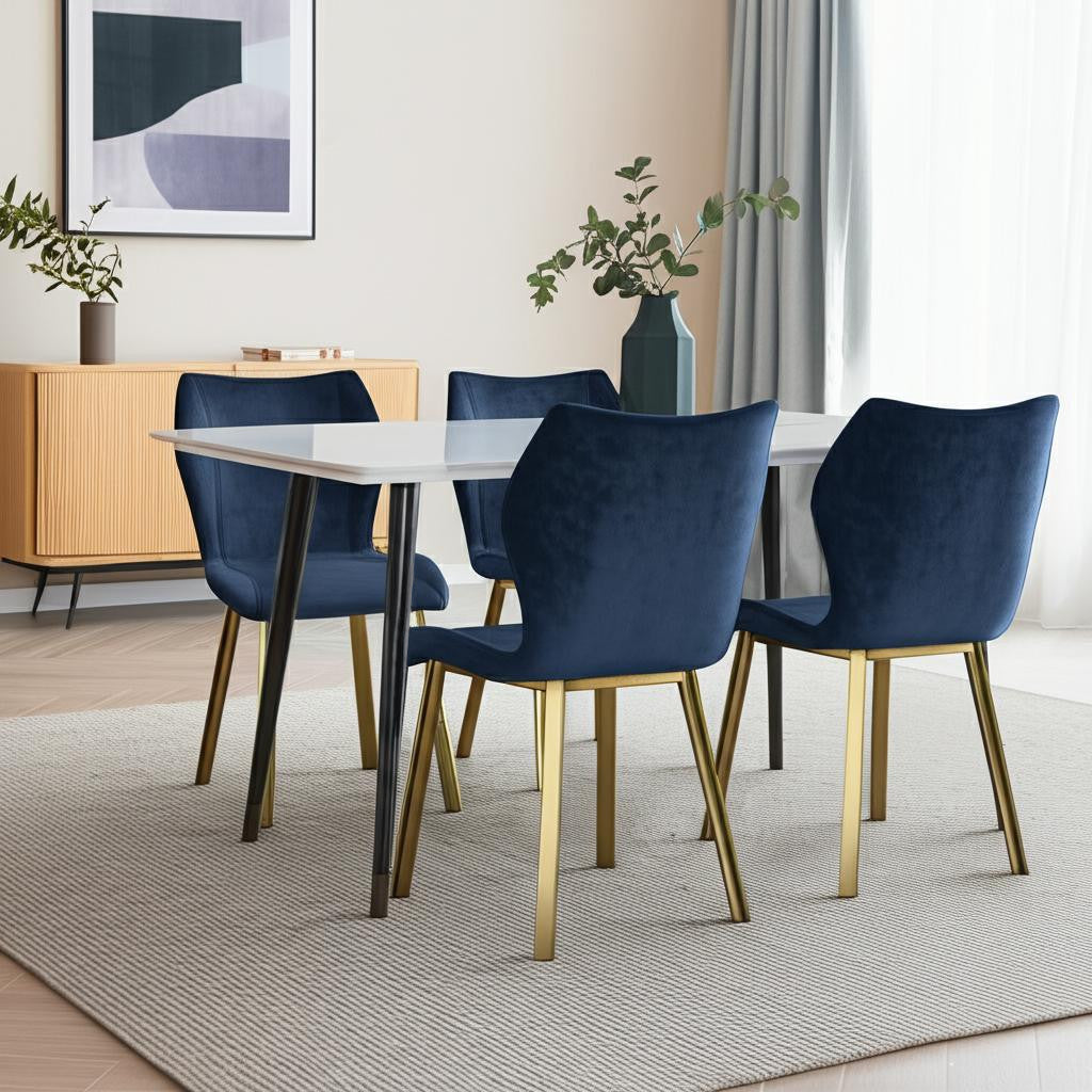 Set of Four Blue and Gold Upholstered Velvet Dining Side Chairs