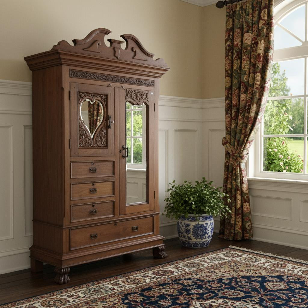 53 Brown Reclaimed Wood Carved Scrollwork Accent Cabinet With Two Doors And Four Drawers