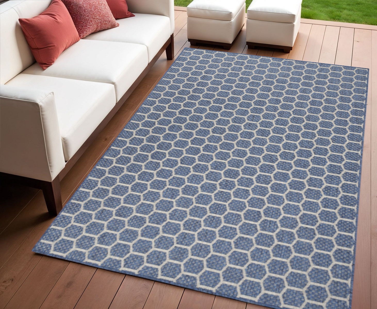 4 X 6 Blue And Ivory Geometric Indoor Outdoor Area Rug