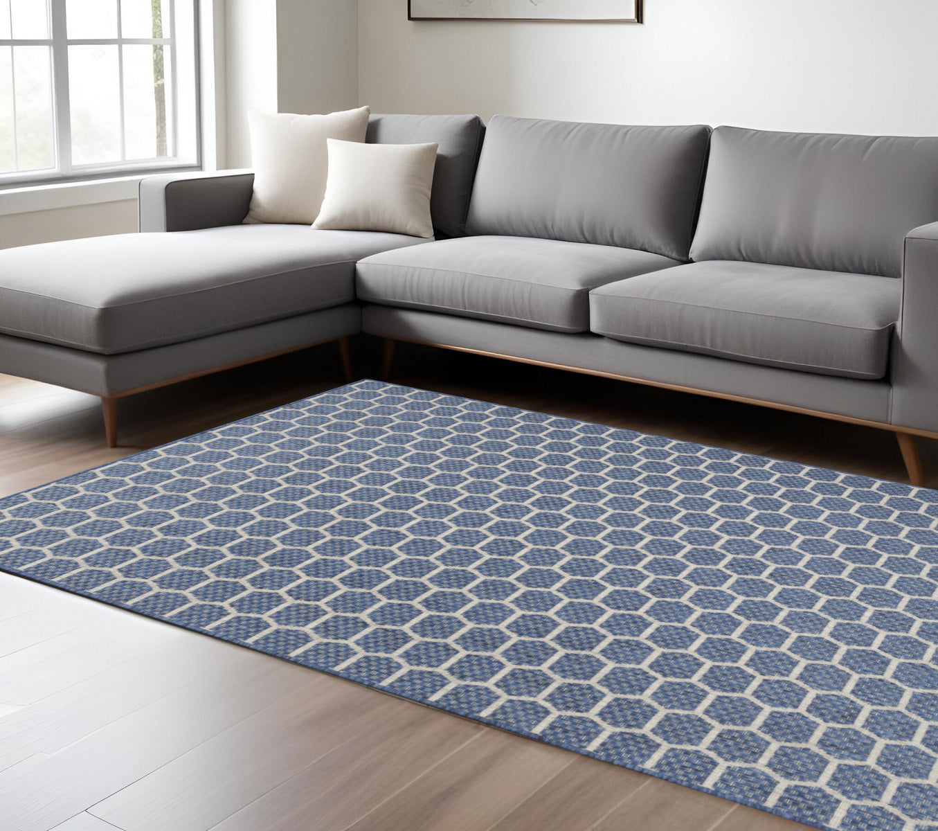6 X 9 Blue And Ivory Geometric Indoor Outdoor Area Rug