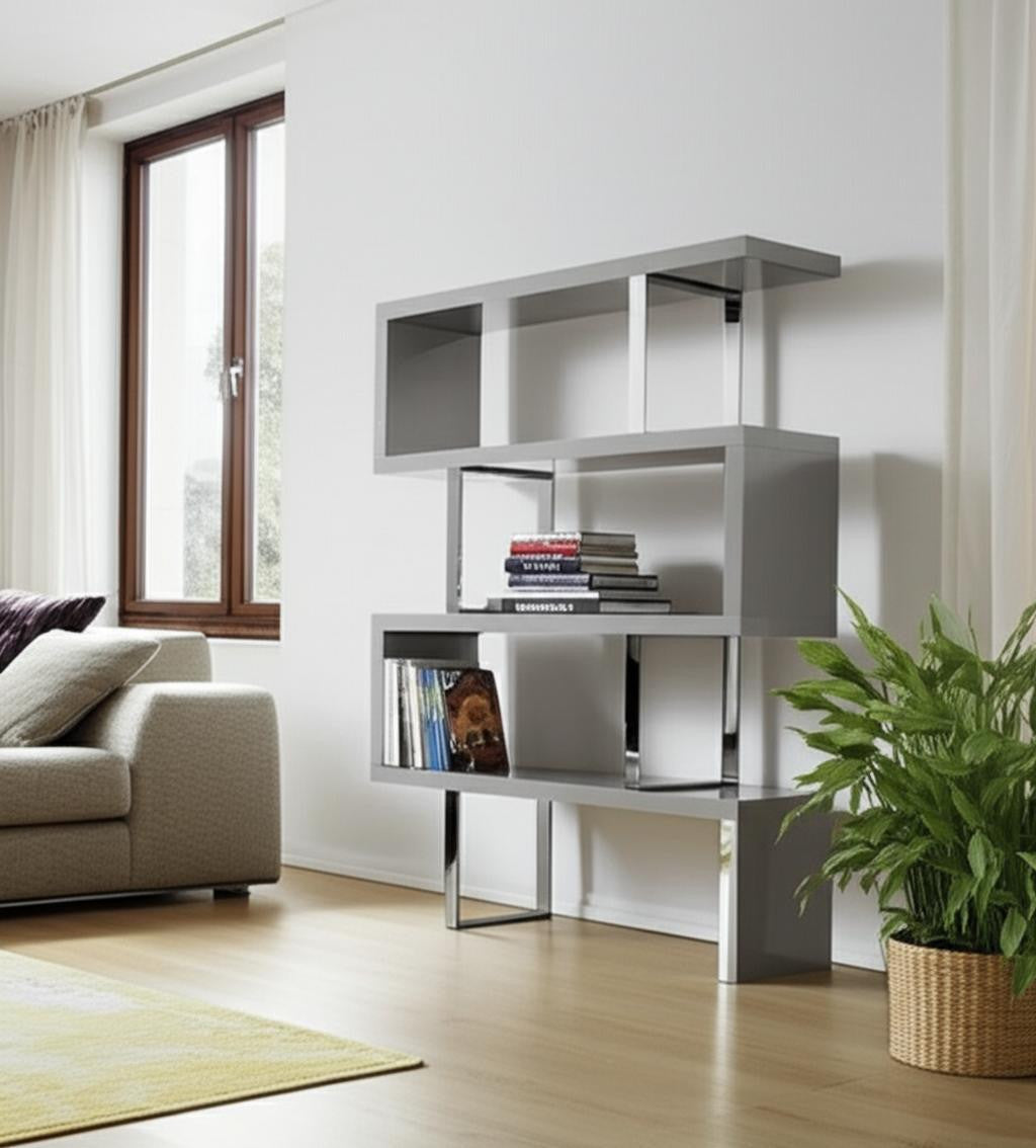 67 Gray And Silver Metal and Wood Three Tier Etagere Bookcase