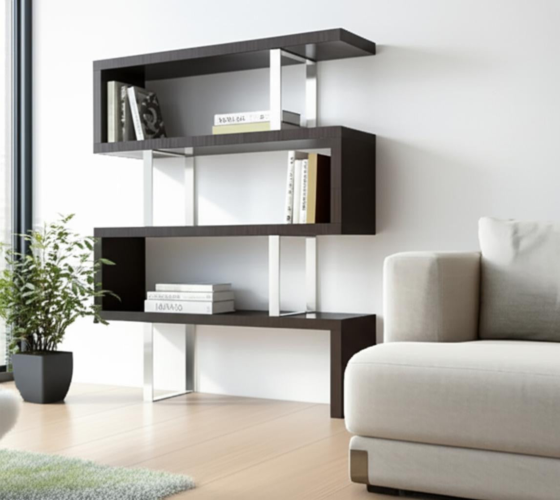 67 Black And Silver Metal and Wood Three Tier Etagere Bookcase
