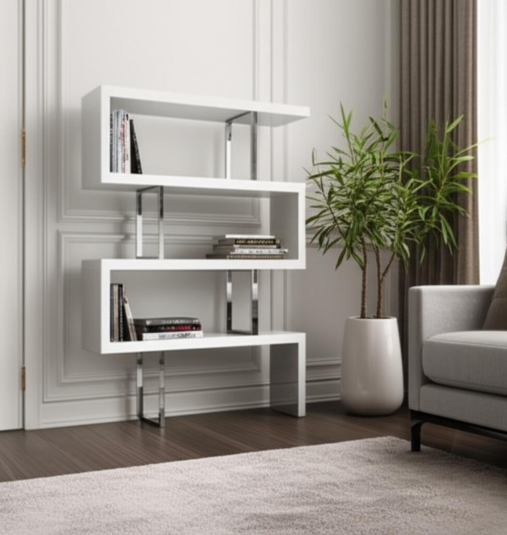 67 White And Silver Metal and Wood Three Tier Etagere Bookcase