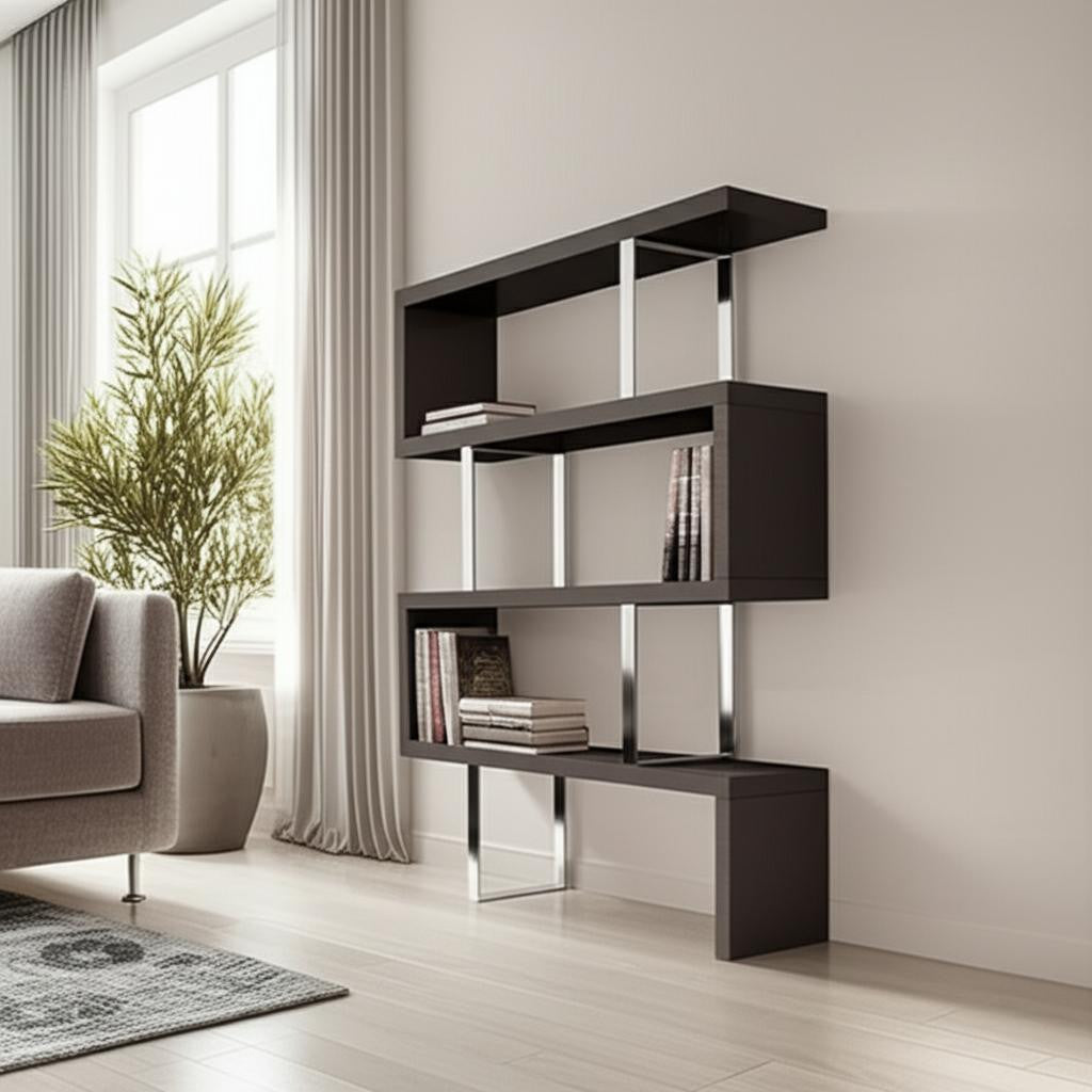 67 Espresso And Silver Metal and Wood Three Tier Etagere Bookcase
