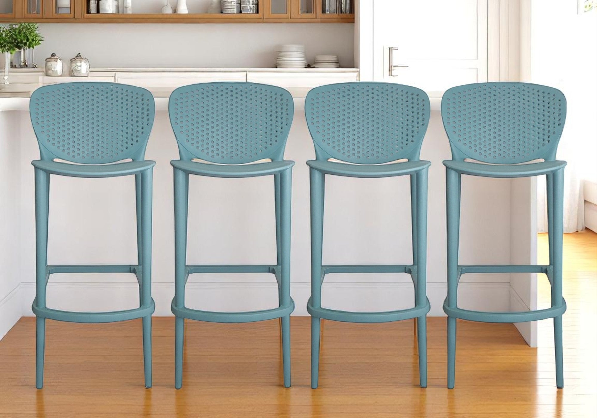 Set of Four 30 Green Heavy Duty Plastic Low Back Bar Height Bar Chairs