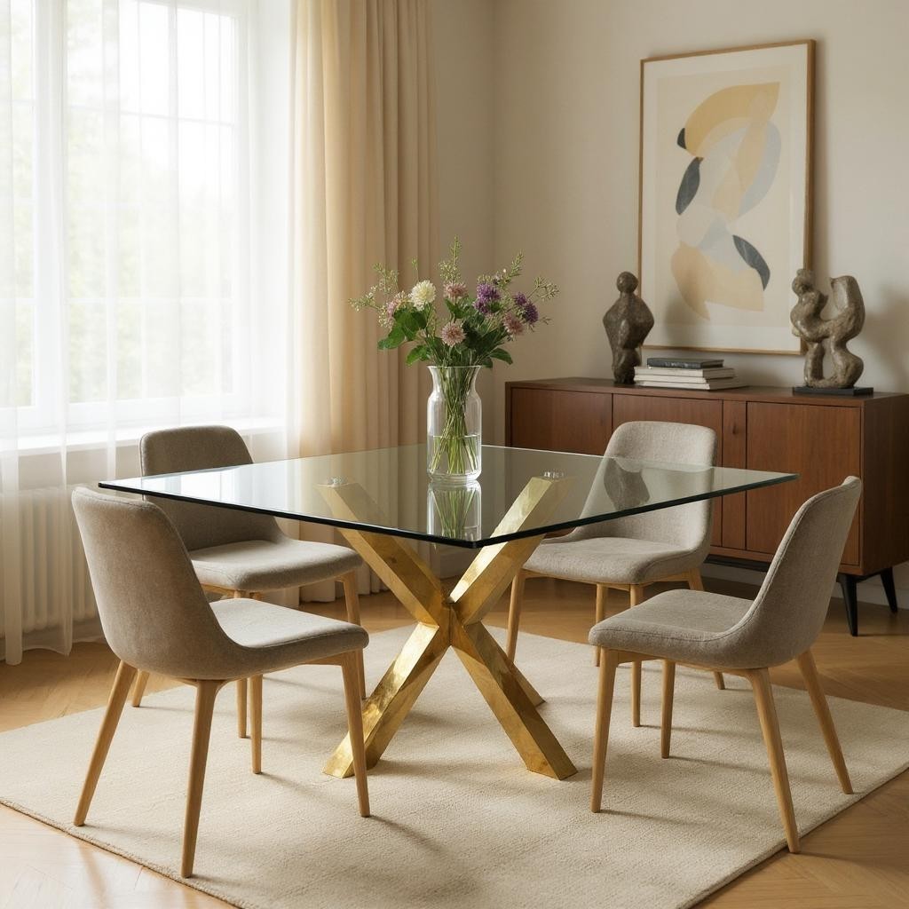 60 Clear and Gold Glass and Metal Cross Leg Base Square Dining Table