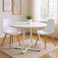 43 White Wood and Metal Sled Base Round Top Dining Table