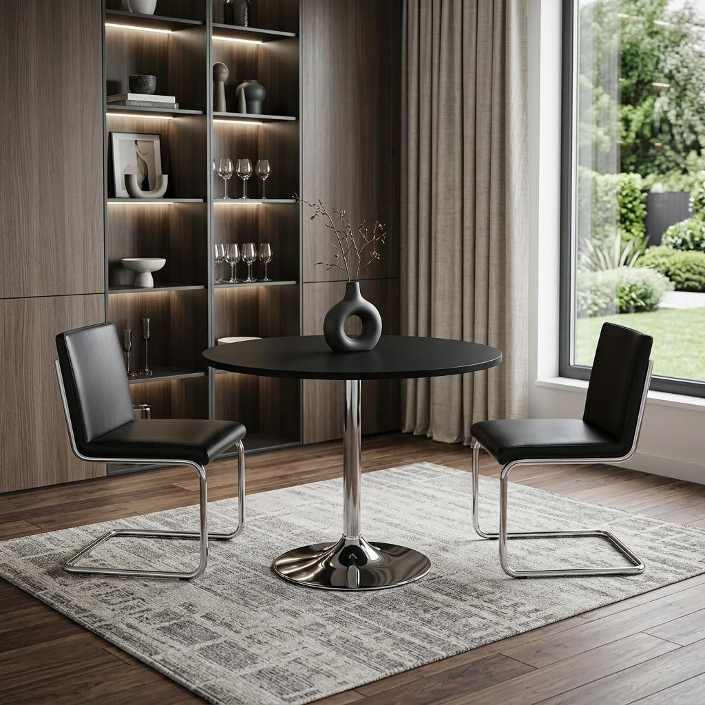 36 Black and Silver Wood and Metal Pedestal Base Round Top Dining Table