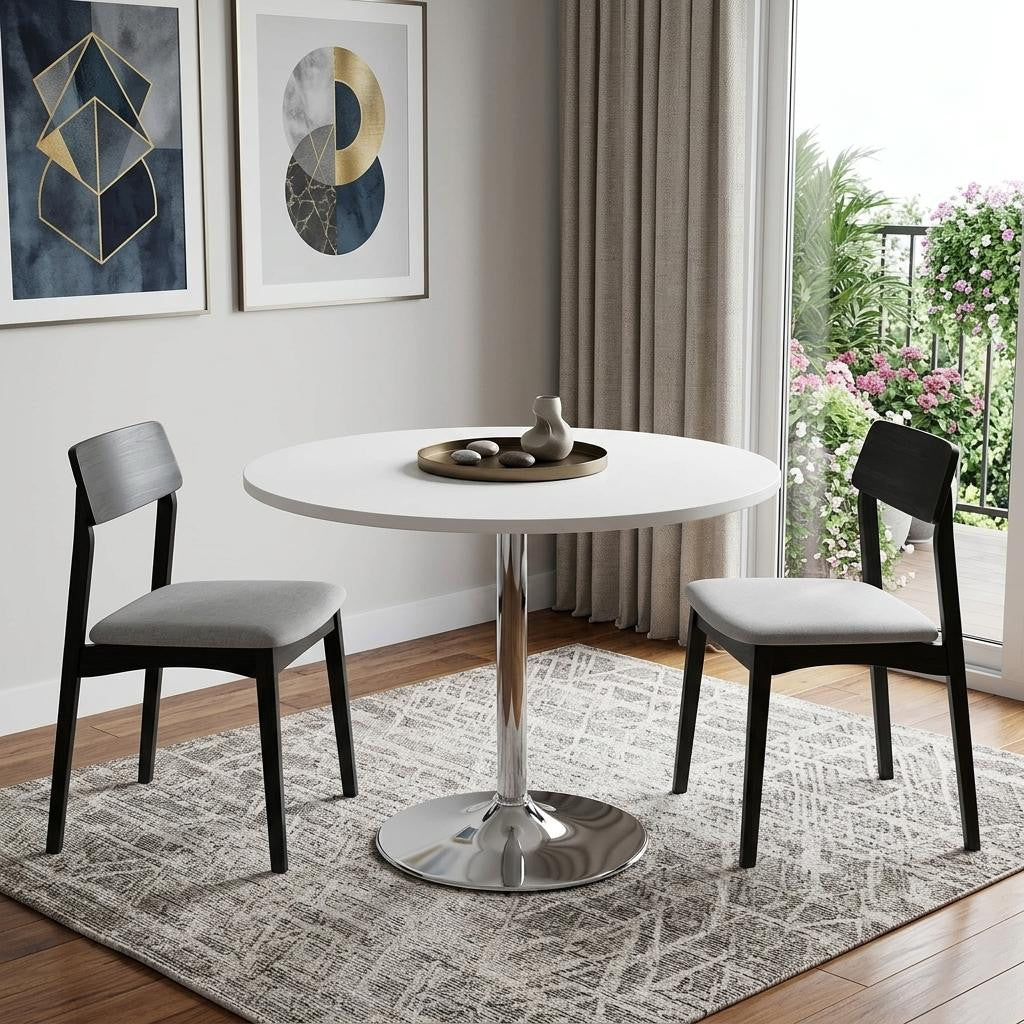 36 White and Silver Wood and Metal Pedestal Base Round Top Dining Table