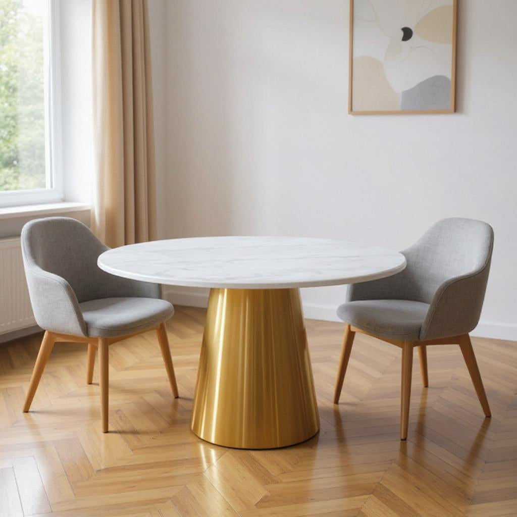 54 Gray White and Gold Marble and Metal Pedestal Base Round Top Dining Table