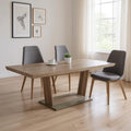 71 Gray Wood and Metal Self-Storing Leaf Pedestal Base Extendable Dining Table