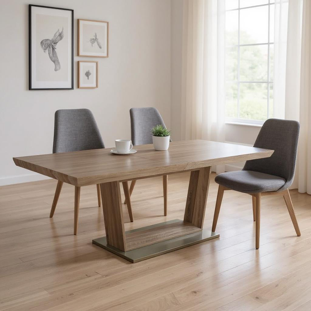71 Gray Wood and Metal Self-Storing Leaf Pedestal Base Extendable Dining Table