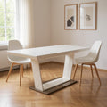 71 White Wood and Metal Self-Storing Leaf Pedestal Base Extendable Dining Table