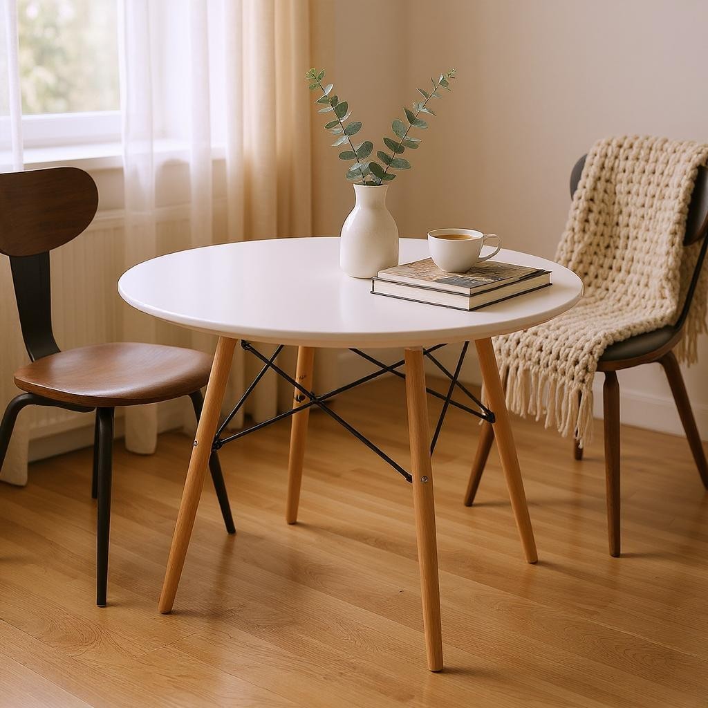 36 White and Natural Wood Round Top Dining Table