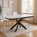 47 Gray White and Black Ceramic and Metal Self-Storing Leaf Cross Leg Base Oval Extendable Dining Table