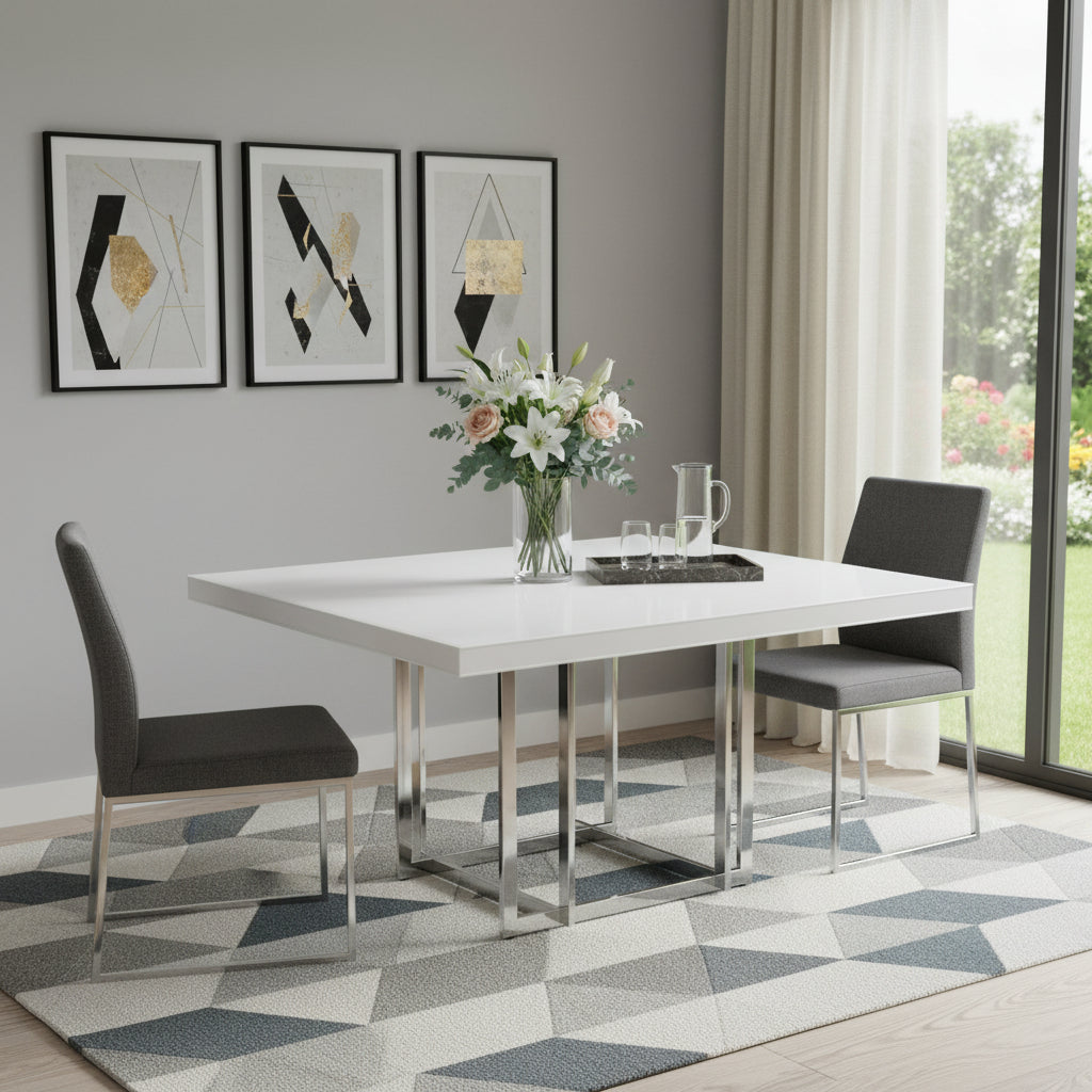 59 White and Silver Wood and Metal Pedestal Base Square Dining Table