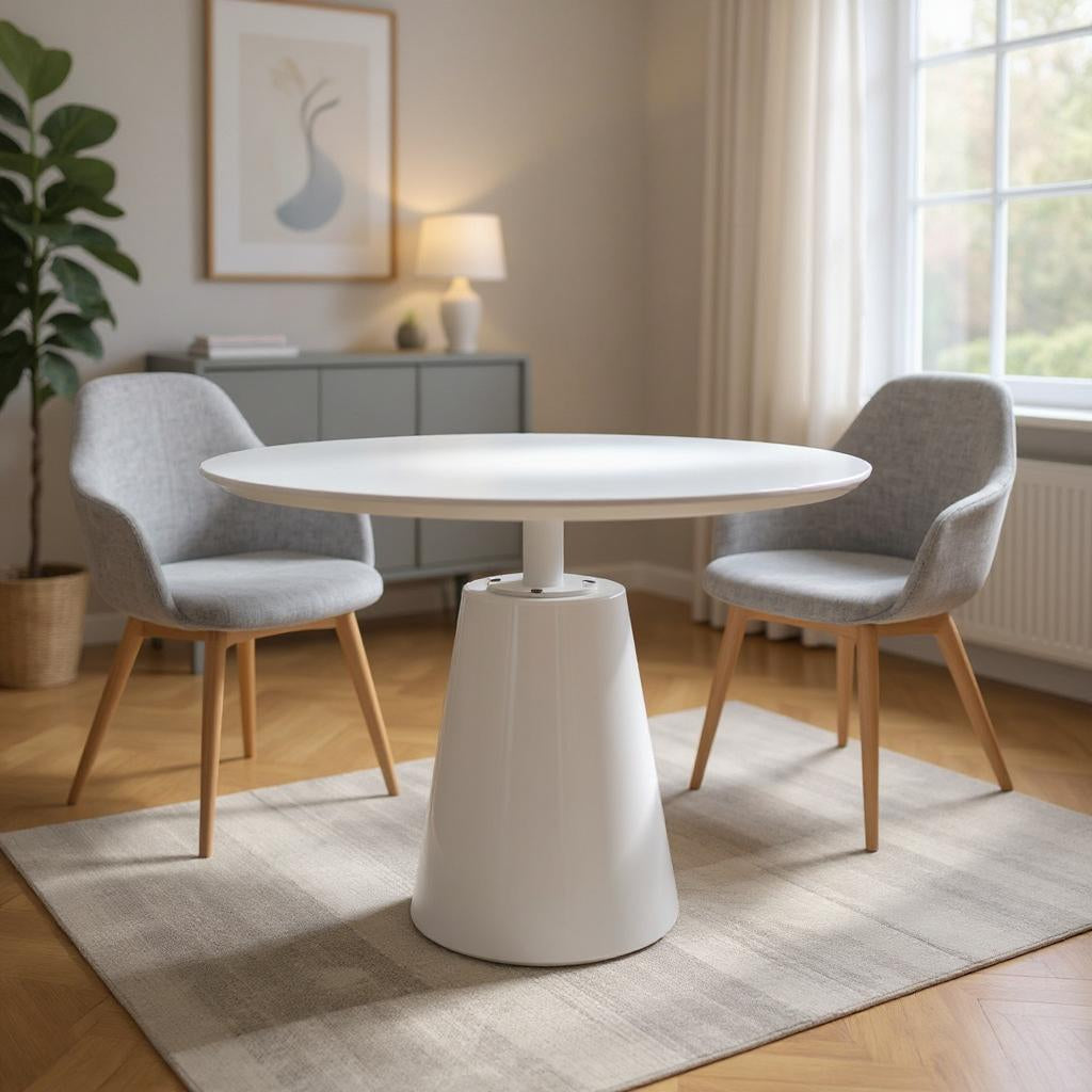 36 White Wood and Metal Pedestal Base Round Top Dining Table