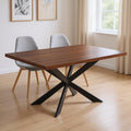 81 Brown and Black Wood and Metal Cross Leg Base Dining Table