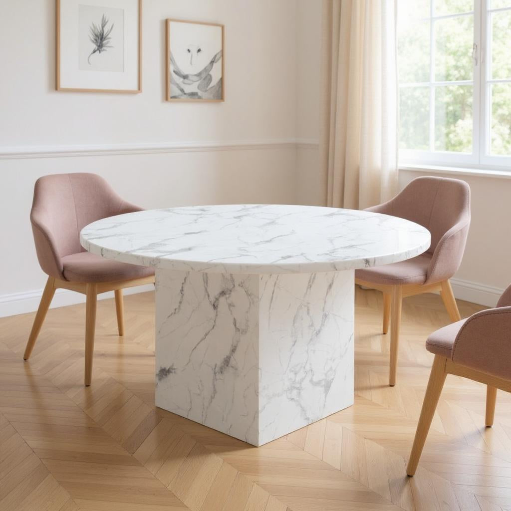 60 Gray and White Marble Pedestal Base Round Top Dining Table
