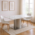 72 Gray White and Silver Marble and Stainless Steel Pedestal Base Dining Table