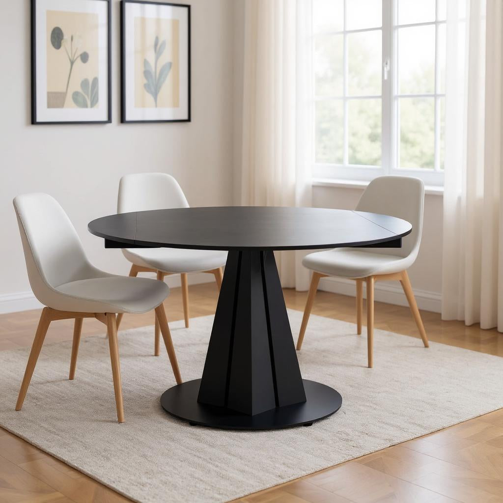 51 Black Stone and Metal Self-Storing Leaf Pedestal Base Round Top Extendable Dining Table