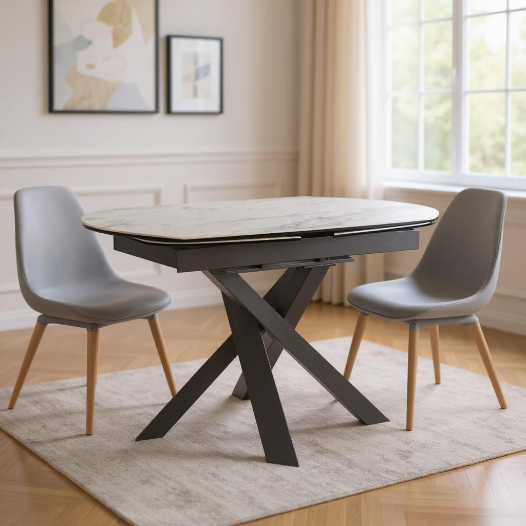 47 Gray and White Ceramic and Metal Self-Storing Leaf Cross Leg Base Oval Extendable Dining Table