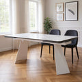 63 White Ceramic and Metal Self-Storing Leaf Pedestal Base Extendable Dining Table