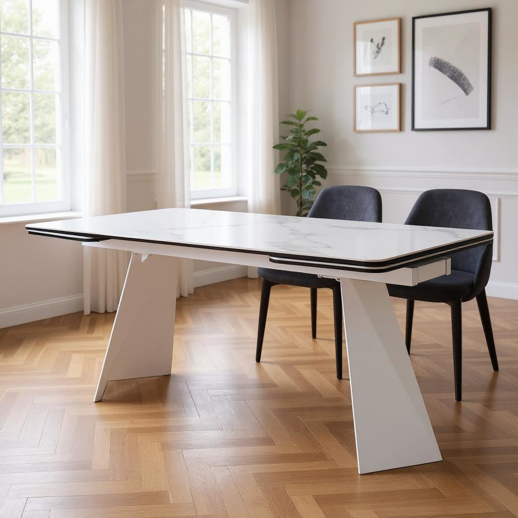 63 White Ceramic and Metal Self-Storing Leaf Pedestal Base Extendable Dining Table